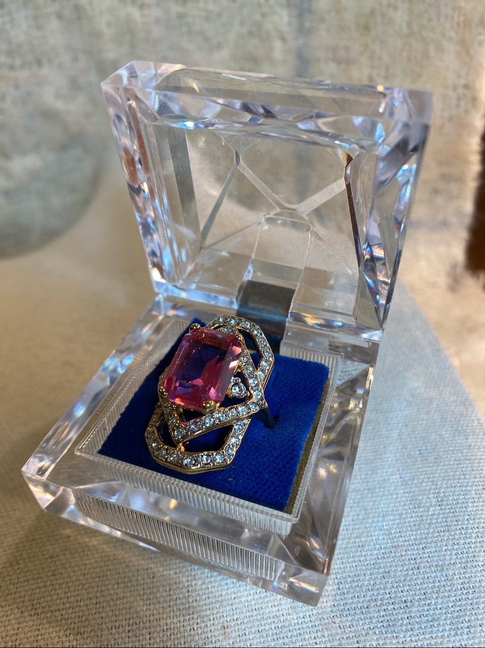 Vintage Pink Emerald Cut Cocktail Ring Size 9 NOS Rhinestone Statement Ring